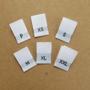 Letter Size Woven Labels (White Satin P, XS-XXL)