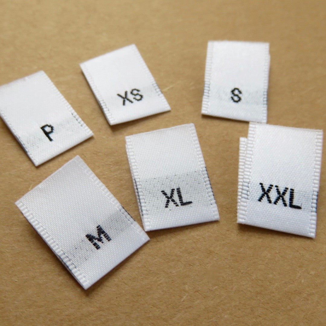 Letter Size Woven Labels (White Satin P, XS-XXL)
