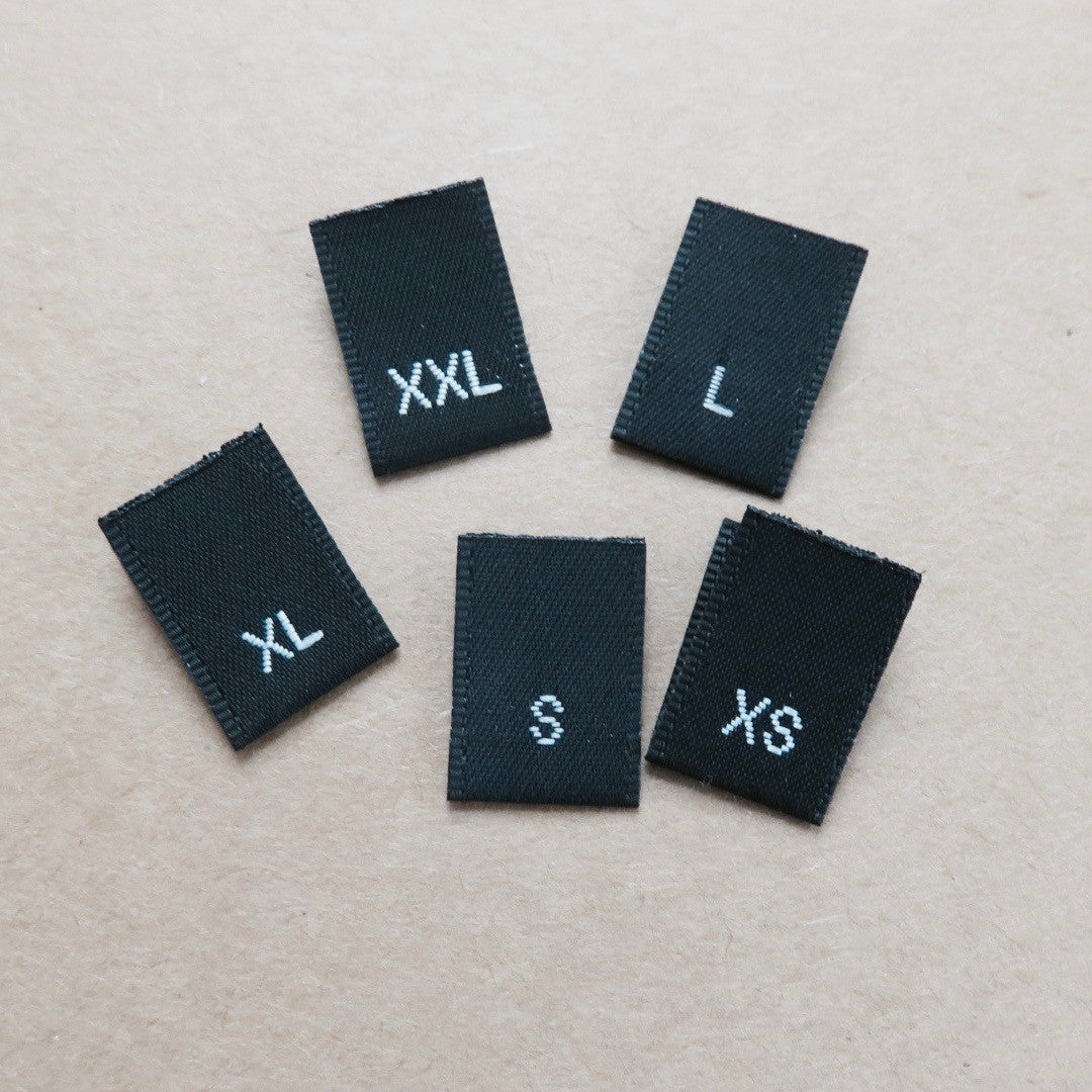 Letter Size Woven Labels (Black Satin P, XS-XXL)